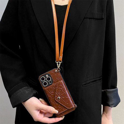 复古山茶花卡包适用iphone17promax手机壳苹果16pro新女款15promax高级感14斜跨13pro背带挂绳12皮质11防摔套 - 图1