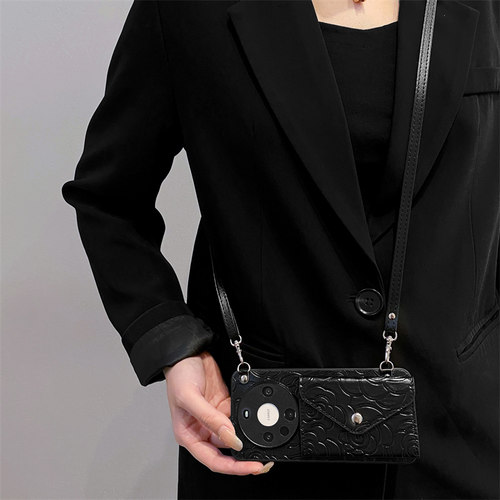 复古山茶花卡包适用iphone17promax手机壳苹果16pro新女款15promax高级感14斜跨13pro背带挂绳12皮质11防摔套 - 图0