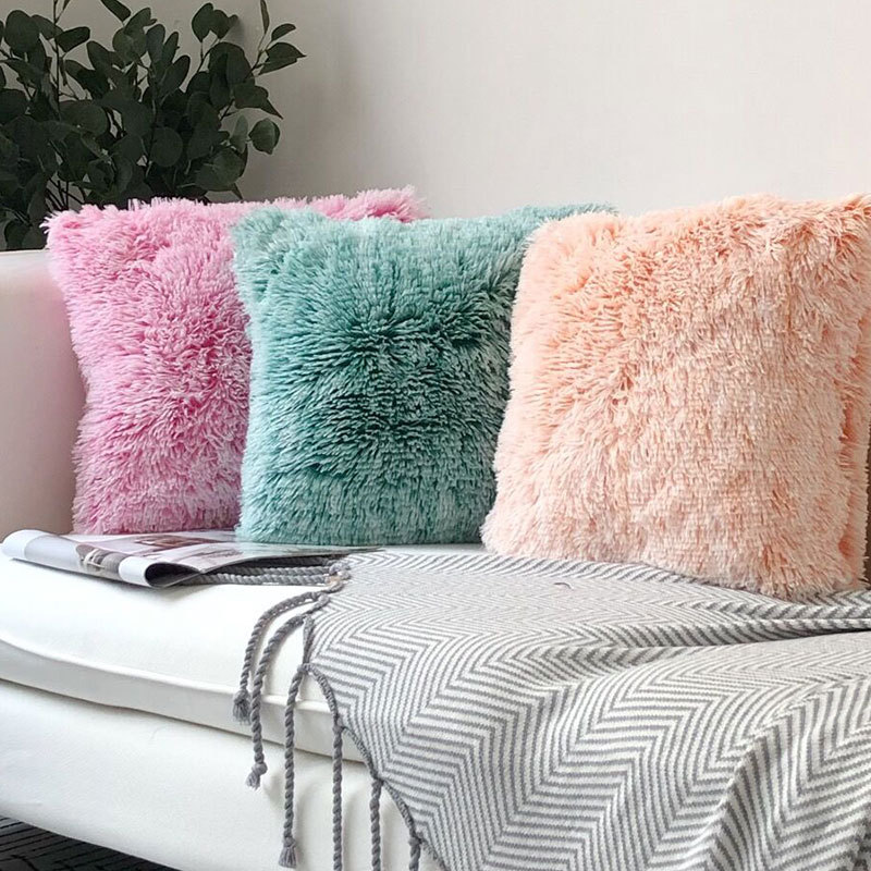 European solid color plush pillowcase sofa cushion cover抱枕-图3