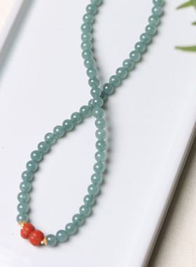 见欢喜【碧苔红】天然蓝水翡翠淡水珍珠南红玛瑙双圈古风手链女