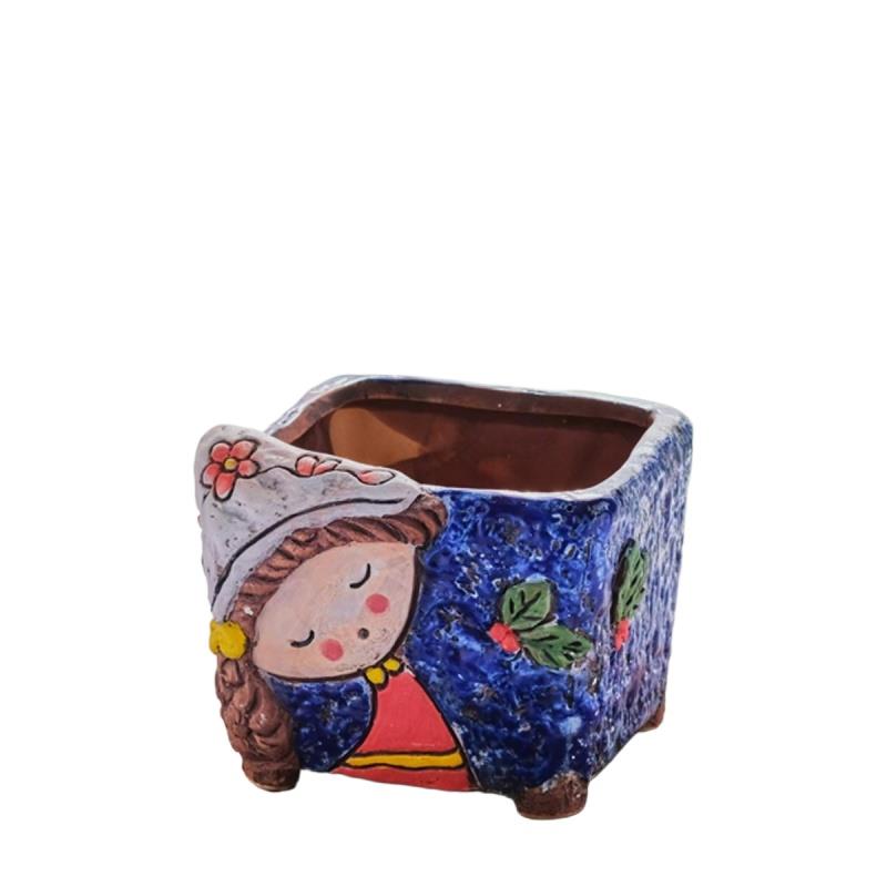 韩式卡通可爱姑娘四方盆口径粗陶透气手工彩绘陶瓷多肉植物花盆