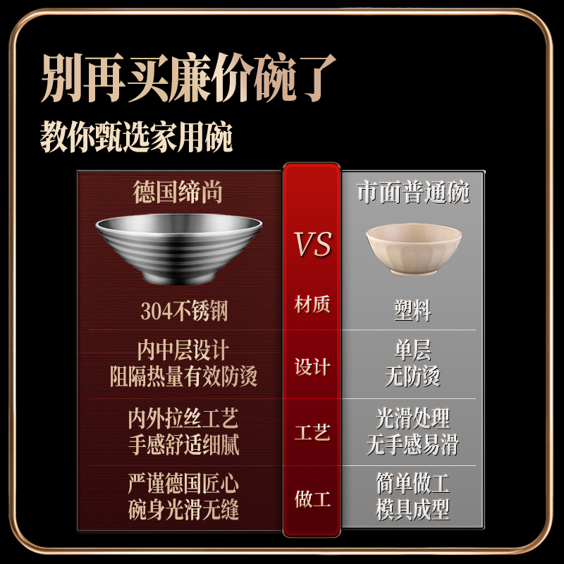 缔尚304不锈钢面碗双层家用饭碗单个大号斗笠汤碗日式拉面碗