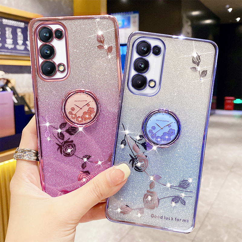 玫瑰花水钻透明opporeno5手机壳女款适用reno5k高档奢华渐变镜头全包高端闪粉网红爆款女神款软壳reno5pro潮 - 图0