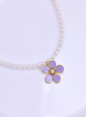 小清新珐琅釉彩紫色花朵珍珠项链