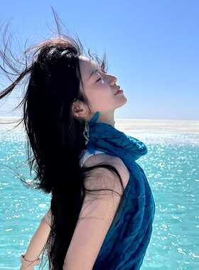 香港高端湖蓝色丝巾薄款新疆西藏西北旅游拍照披肩女外搭棉麻头巾