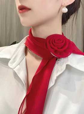 香港高端2026夏季新款纯色玫瑰花朵丝巾女百搭气质薄款围巾护颈时