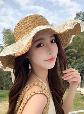 香港高端夏季海边沙滩户外草帽女蕾丝蝴蝶结遮阳防晒帽防紫外线太