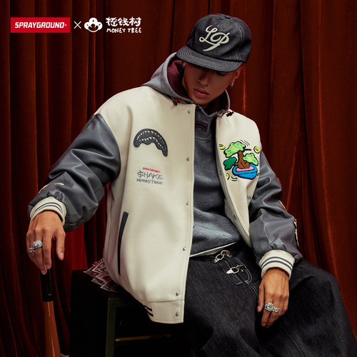 SprayGround鲨鱼嘴冬季夹棉棒球服夹克摇钱树联名宽松情侣外套潮 - 图3