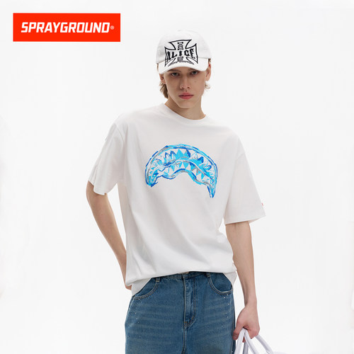 SprayGround鲨鱼嘴logo潮流休闲涂鸦短袖 印花宽松休闲透气T恤夏 - 图0