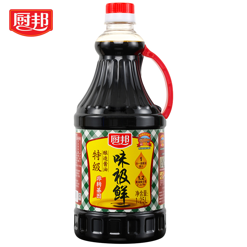厨邦酱油味极鲜1.25L*2瓶特级酿造桶家庭装鲜生抽炒菜凉拌调味品