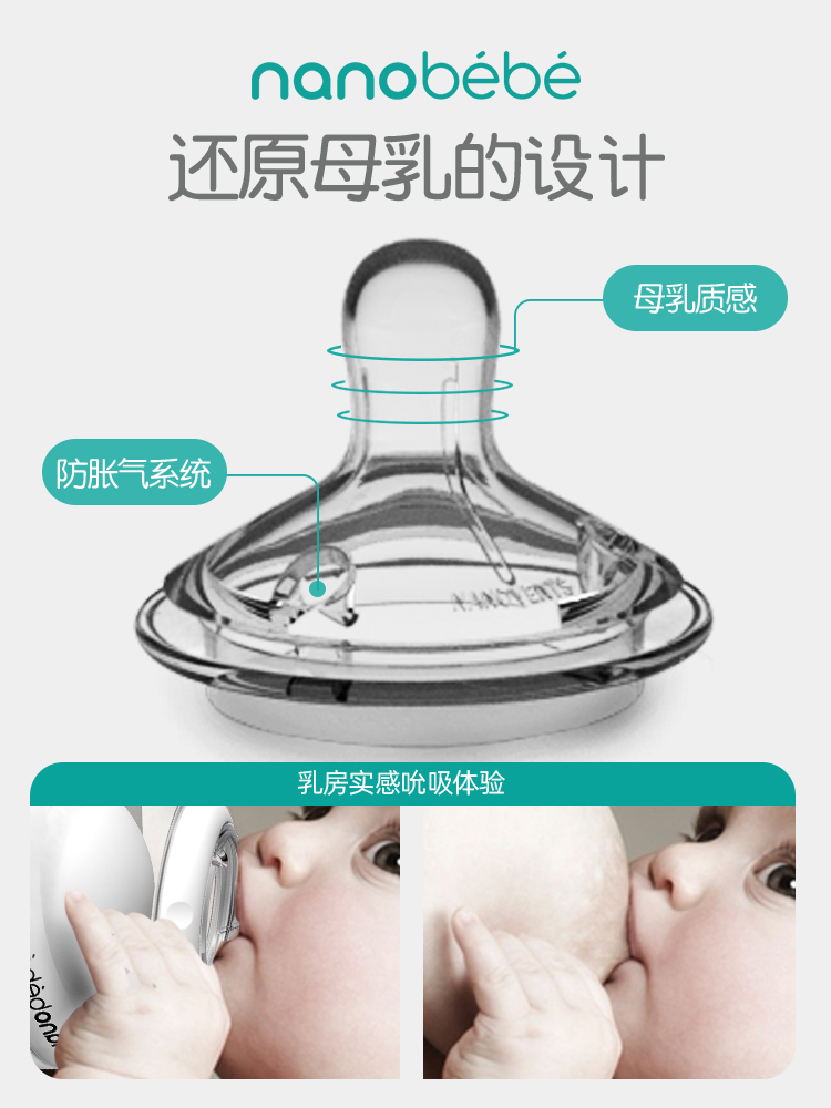nanobebe海外旗舰店Nanobebe婴儿奶嘴自然实感标准口径防胀气SS/S/M/L/Y宝宝硅胶奶嘴2