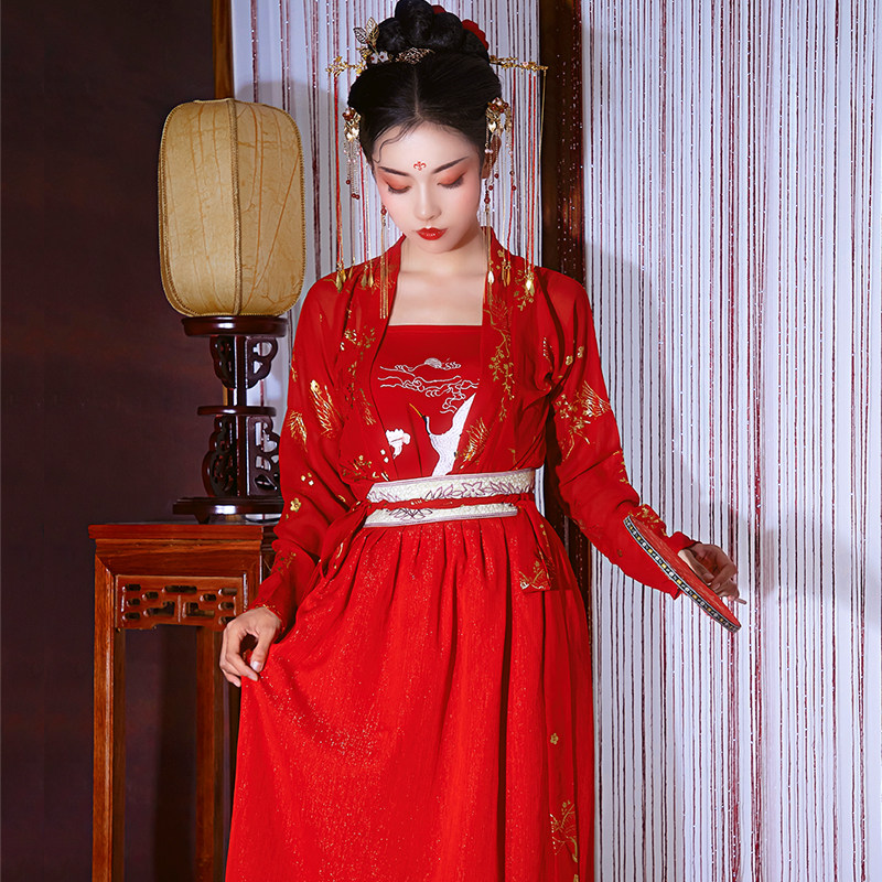 红色汉服女中国风对襟齐腰正品仙鹤 凰呈祥民族服装/舞台装