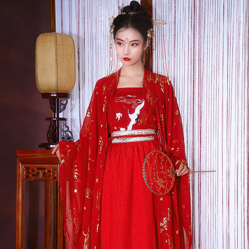 红色汉服女中国风对襟齐腰正品仙鹤 凰呈祥民族服装/舞台装