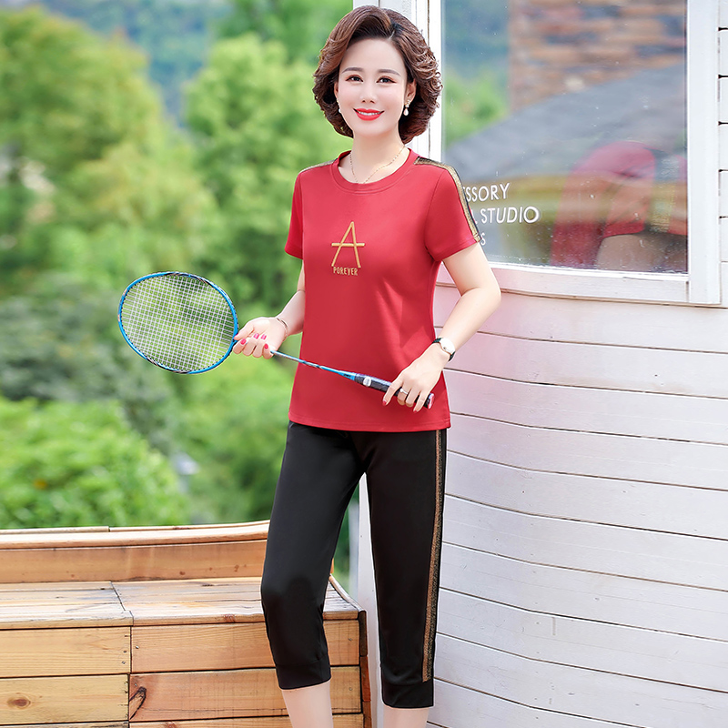 花彩姿旗舰店妈妈夏装休闲运动服套装中年女装洋气短袖两件套中老年母亲节衣服1