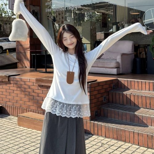 法式白色蕾丝花边内搭长袖打底衫女秋冬叠穿拼接时尚长袖t恤上衣 - 图2