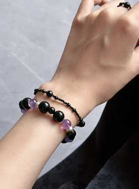 ERSHI尔时｜玄绛 黑玛瑙紫水晶手串手链弹力925银珠简约百搭叠戴