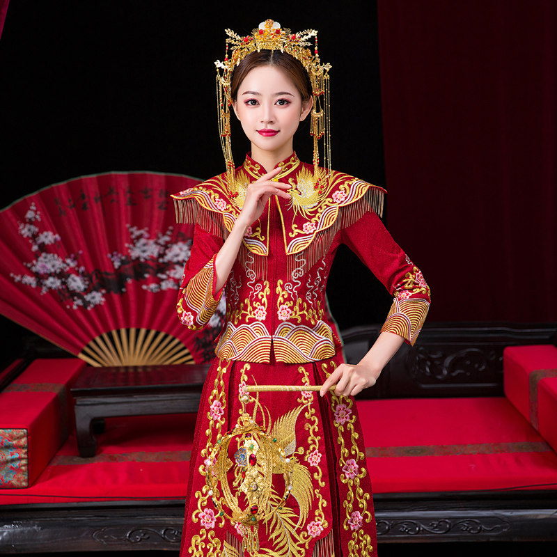 秀禾服2020新款新娘结婚禾秀服礼服 蓝靛熊旗袍