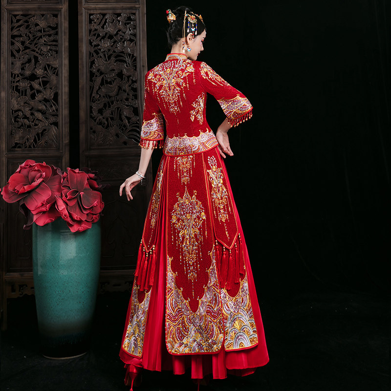 秀禾服2020新款禾服夏季结婚秀礼服 蓝靛熊旗袍