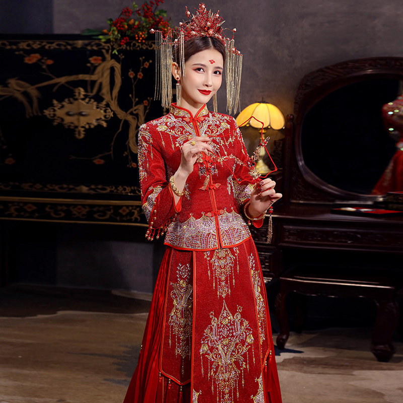 秀禾服2020新款新娘结婚中式新娘服 蓝靛熊旗袍