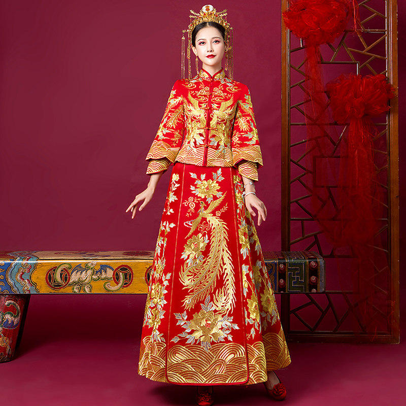 秀禾服2020新款夏季结婚禾秀服礼服 蓝靛熊旗袍