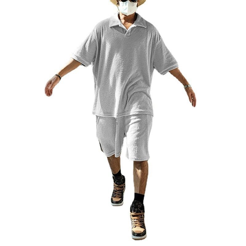 2024夏季欧美新款翻领短袖t恤POLO衫宽松短裤休闲套装men's suit,淘宝优惠券,粉丝福利购,淘宝优惠卷