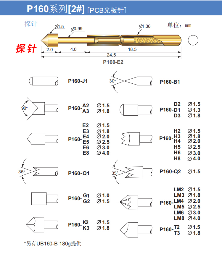 R PA160-E5 A3 B1 3W D3系列华荣探针2.5mm测试针套烧录弹簧顶针 - 图2