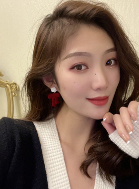 气质红色蝴蝶结耳钉女清新白色