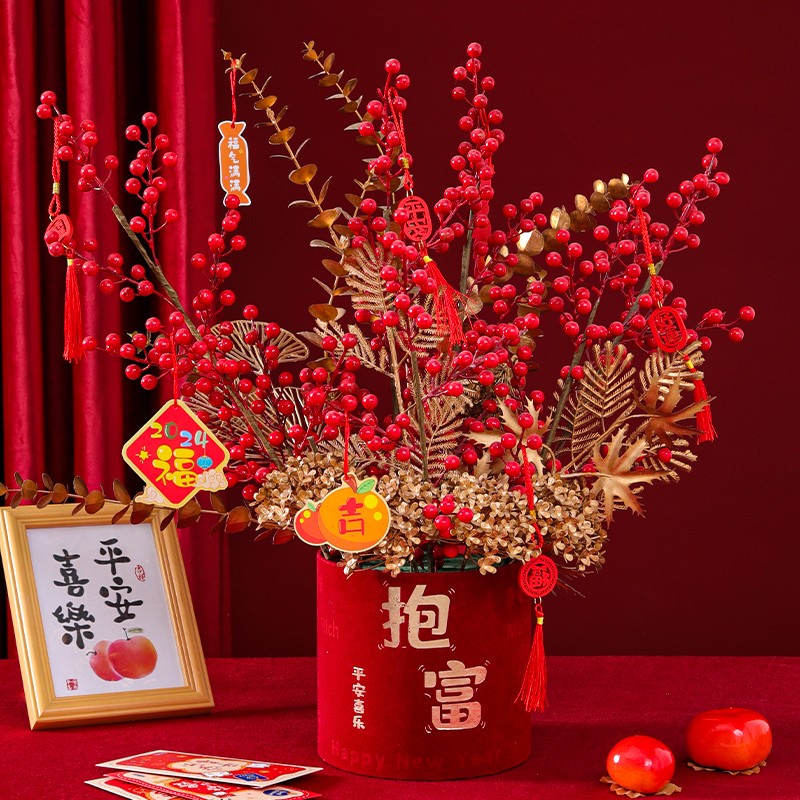 乔迁之喜福桶暴富抱抱桶新年元宵装饰结婚冬青银柳红色插花筒花艺 - 图1