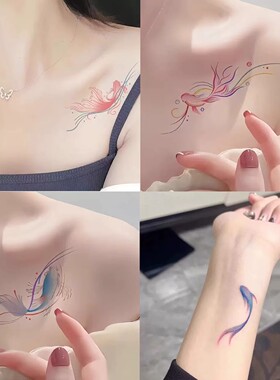 胸口手指炫彩蓝锦鲤金鱼纹身贴 手腕个性男女持久防水ins彩色逼真