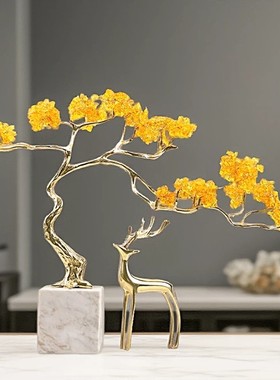 轻奢黄铜水晶发财树摆件乔迁送礼