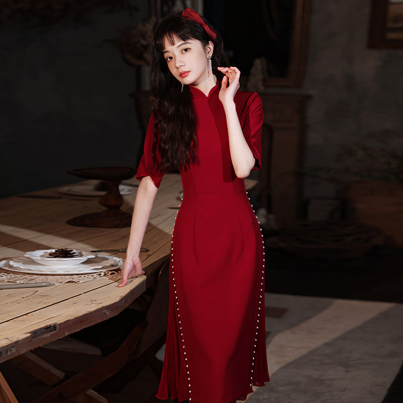 改良旗袍新娘酒红色结婚回门连衣裙 芸梦珊礼服/晚装