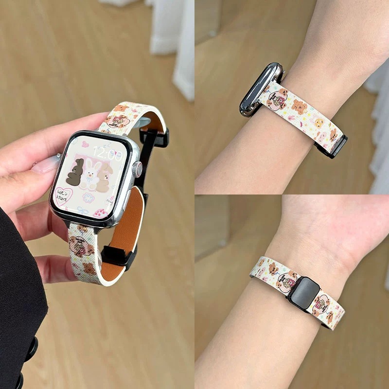 适用苹果s9手表表带iWatchs8s7卡通磁吸扣苹果s智能运动表带appleWatchs7/6/5/se男女生皮质Ultra2时尚表带-图0