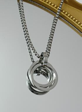 钛钢不锈钢男女双环项链