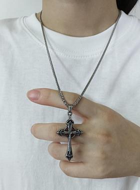钛钢龙骨链男女花纹十字架项链