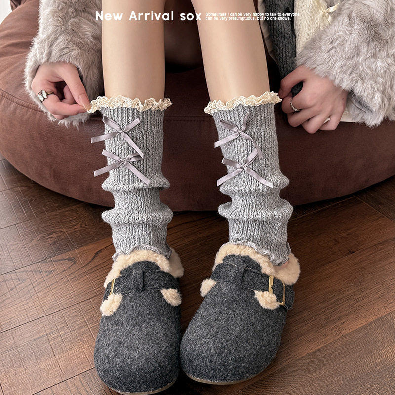 双蝴蝶结袜套秋冬花边小腿袜子女甜美蕾丝堆堆袜lolita腿套中筒袜,淘宝优惠券,粉丝福利购,淘宝优惠卷