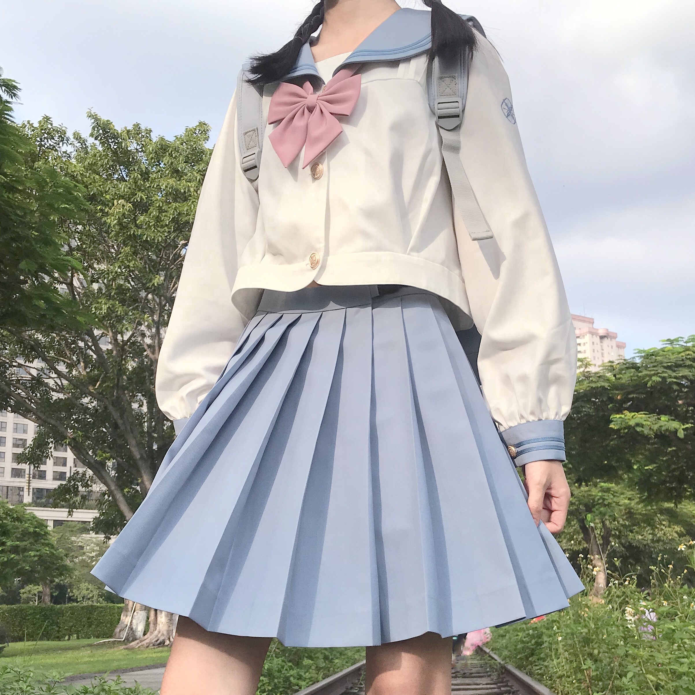 （清仓）仲春二四水竺女子长袖水手服中间服夏服套装-图2