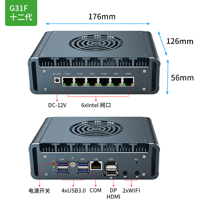 倍控6网卡工控机I7-1265U 12代I210网卡4G模块LTE扩展嵌入式主机电脑迷你型linux乌班图爱快ros软路由i211 - 图0