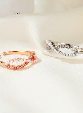 开口戒指珍珠交叉缠绕