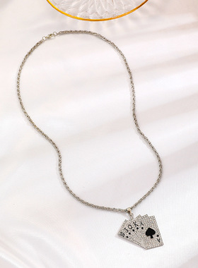 欧美朋克嘻哈镶钻扑克牌项链小众设计网红同花顺子锁骨链男女同款