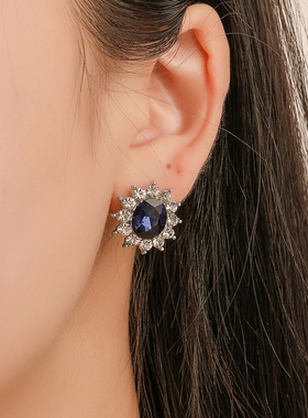 欧美时尚套装首饰太阳花锆石耳钉凯特王妃同款坦桑蓝宝石项链吊坠