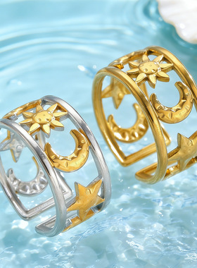 欧美ins风开口镶钻镂空不锈钢戒