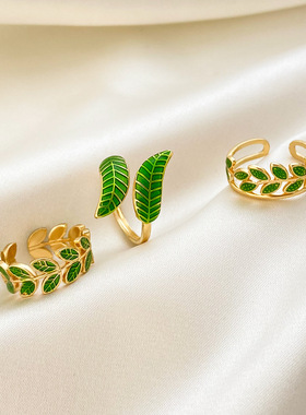 欧美ins简约树叶戒指女 森系超仙滴油绿叶几何开口食指戒个性戒子