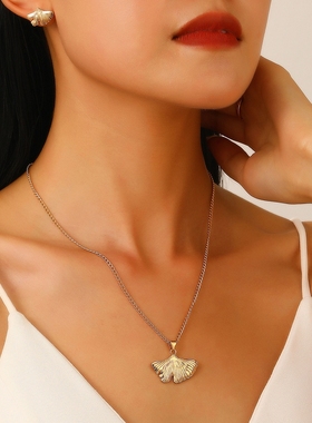 欧美ins设计感银杏叶耳环戒指项