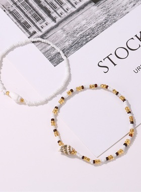 欧美跨境饰品手工编织串小米珠贝壳海螺彩色夏季沙滩手饰两件套