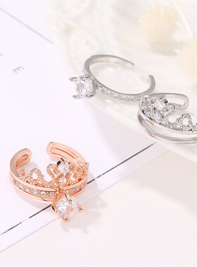 韩版两件套皇冠女式可调节戒指气质锆石女神开口套戒义乌饰品