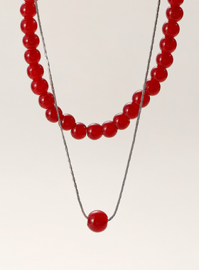 秋冬安可拉红吊坠项链女红色串珠
