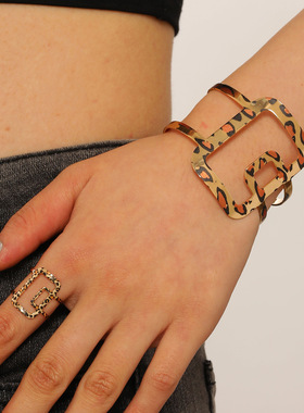 欧美跨境几何开口豹纹手镯戒指两