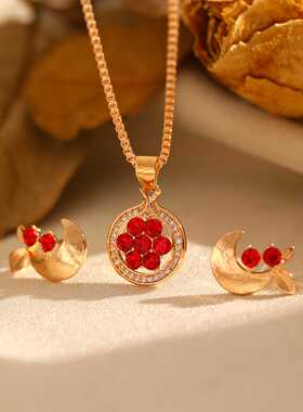 轻奢石榴耳钉女 红色滴油镶钻水果造型耳饰 红石榴项链小众设计感