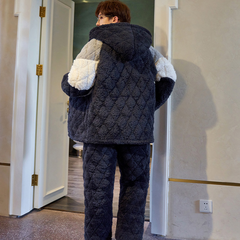 南极人优吉专卖店年新款秋冬季珊瑚绒睡衣男士加绒加厚三层夹棉保暖款天家居服2