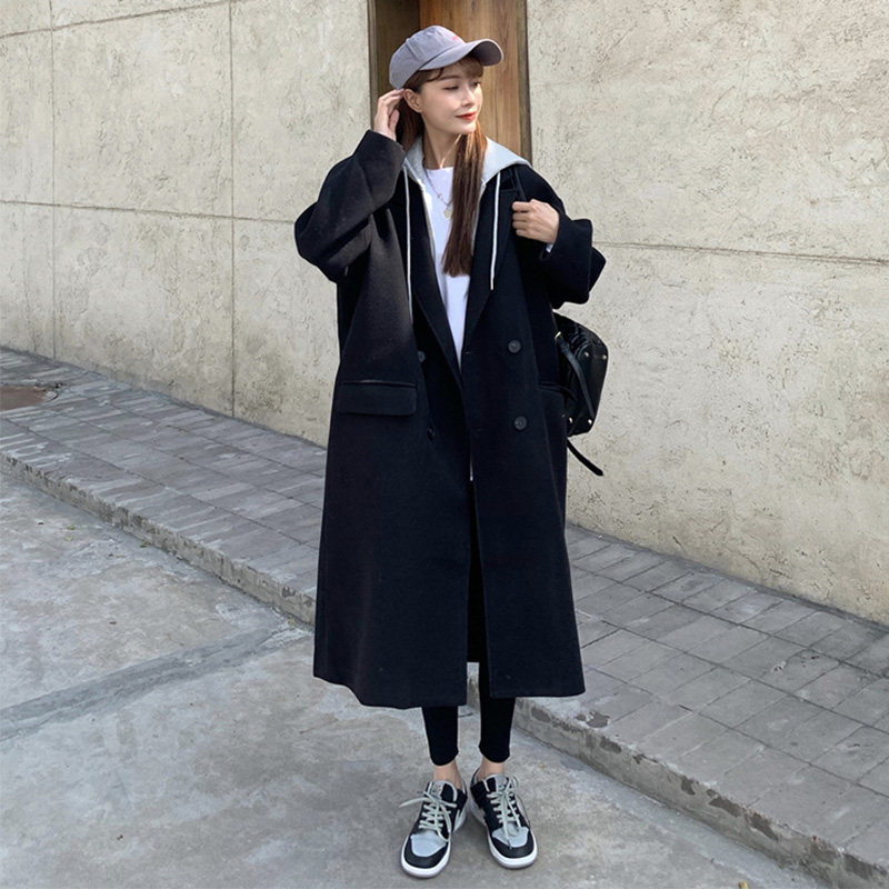 连帽假两件黑色毛呢外套中长款2021 佩茄毛呢外套